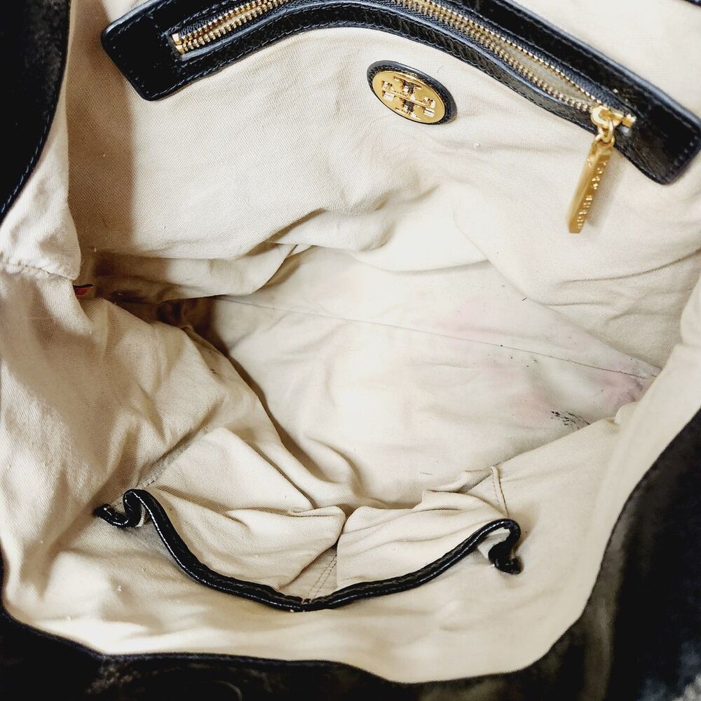 Tory Burch Black Patent Leather Snakeskin Trim Gold Hardware Shoulder Bag Tote - Picture 16 of 16